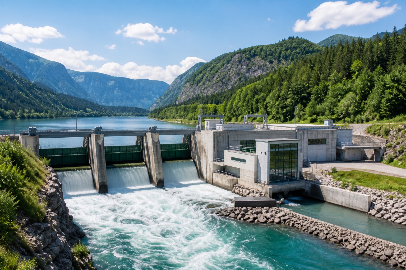 Modernes Wasserkraftwerk mit fließendem Wasser